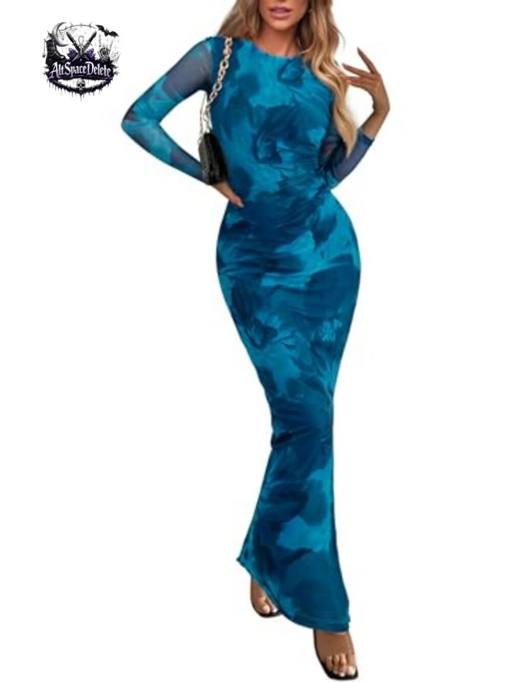 Women's Floral Bodycon Maxi Dress Long Sleeve Ruched Mesh Fall Dress